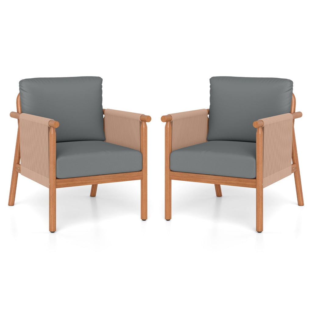 Patio Acacia Wood Chair Set of 2 with Woven Rope Armrests and Seat Back Cushions for Backyard