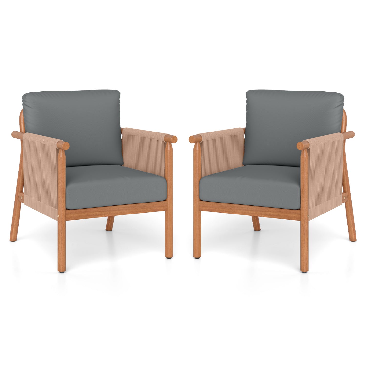 Patio Acacia Wood Chair Set of 2 with Woven Rope Armrests and Seat Back Cushions for Backyard