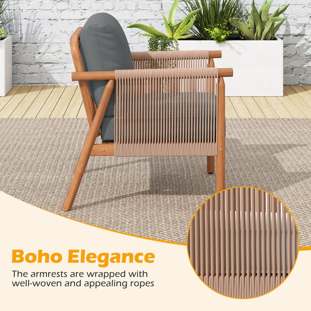 Patio Acacia Wood Chair Set of 2 with Woven Rope Armrests and Seat Back Cushions for Backyard