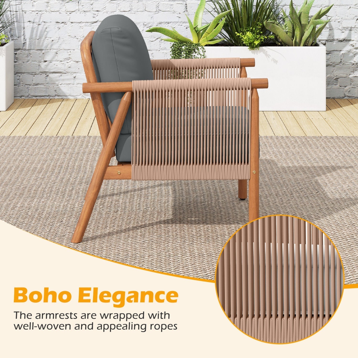 Patio Acacia Wood Chair Set of 2 with Woven Rope Armrests and Seat Back Cushions for Backyard