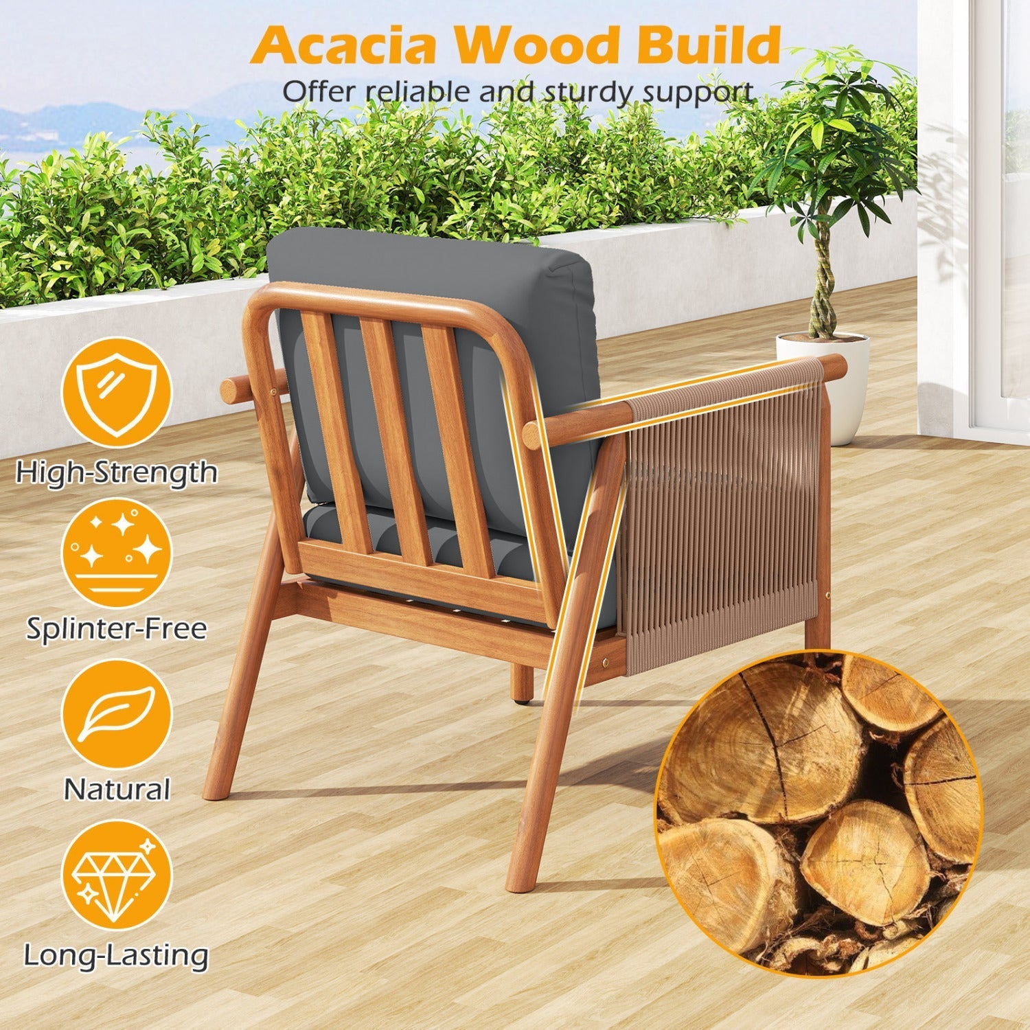 Patio Acacia Wood Chair Set of 2 with Woven Rope Armrests and Seat Back Cushions for Backyard