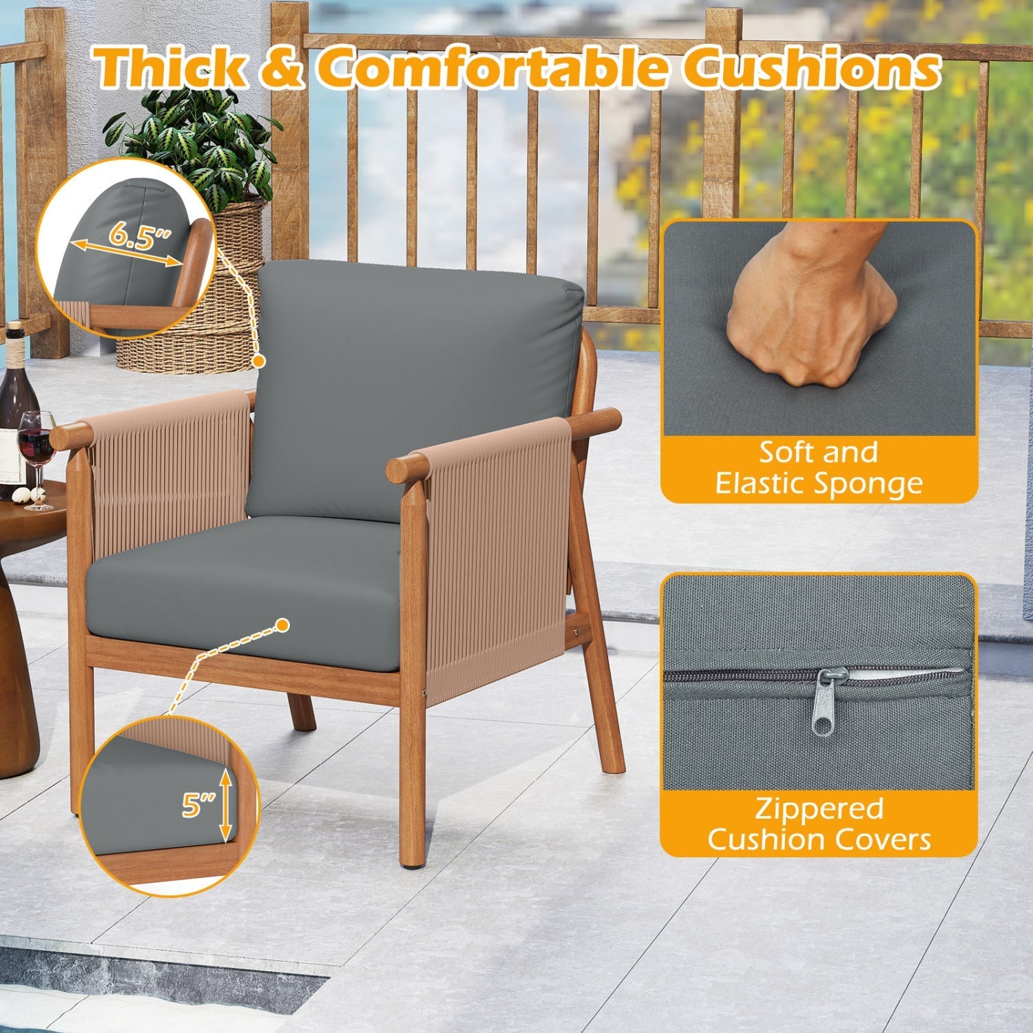 Patio Acacia Wood Chair Set of 2 with Woven Rope Armrests and Seat Back Cushions for Backyard