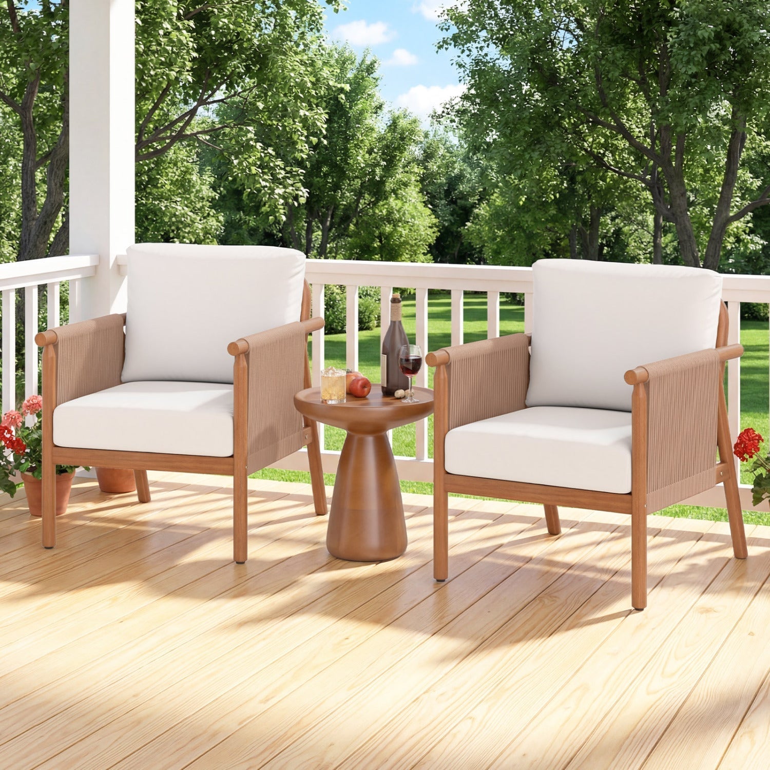 Patio Acacia Wood Chair Set of 2 with Woven Rope Armrests and Seat Back Cushions for Backyard
