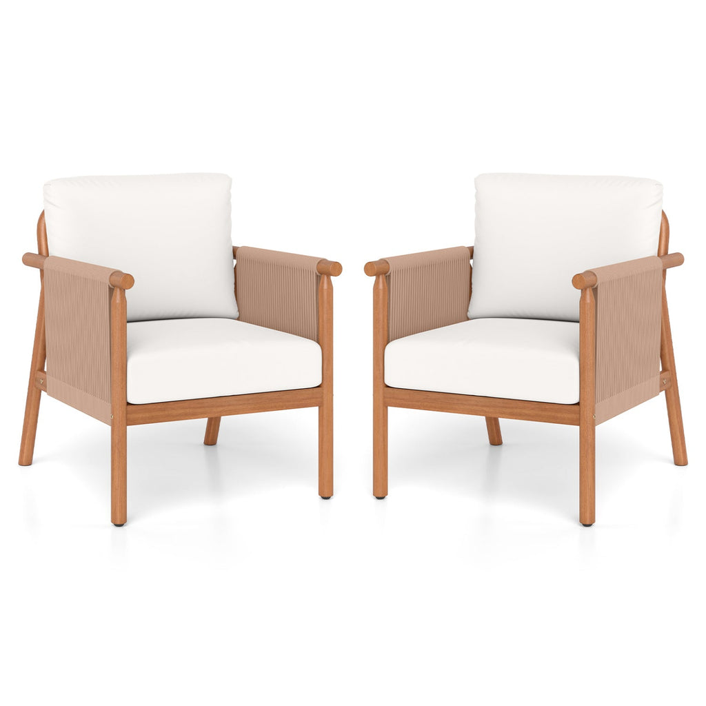 Patio Acacia Wood Chair Set of 2 with Woven Rope Armrests and Seat Back Cushions for Backyard