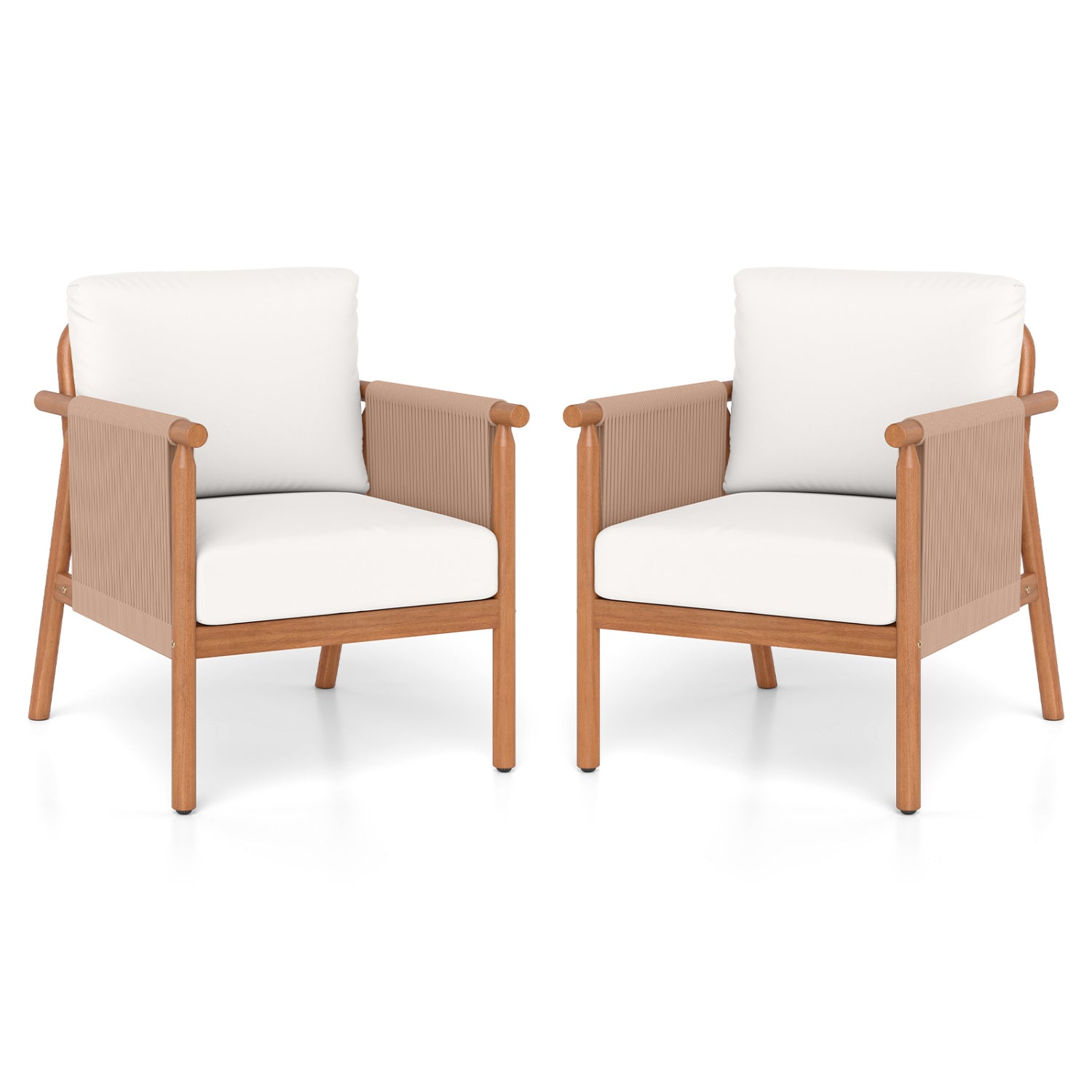Patio Acacia Wood Chair Set of 2 with Woven Rope Armrests and Seat Back Cushions for Backyard
