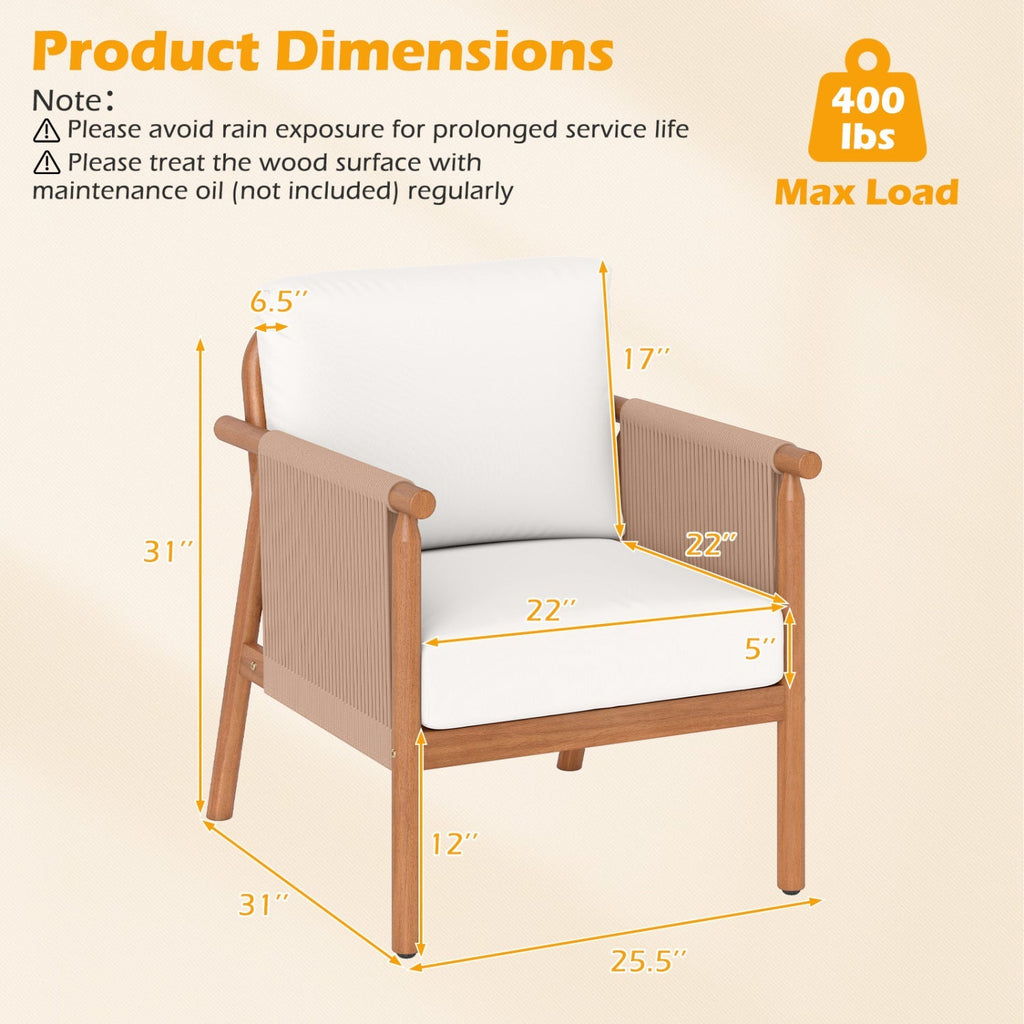 Patio Acacia Wood Chair Set of 2 with Woven Rope Armrests and Seat Back Cushions for Backyard