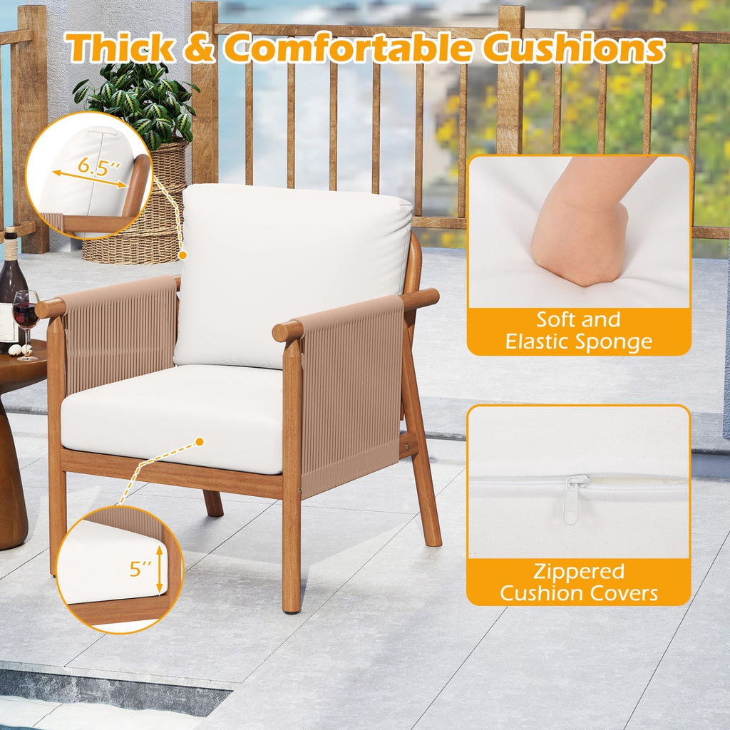 Patio Acacia Wood Chair Set of 2 with Woven Rope Armrests and Seat Back Cushions for Backyard