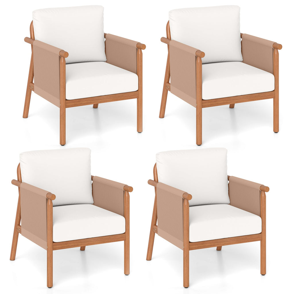 Patio Acacia Wood Chair Set of 4 with Woven Rope Armrests and Seat Back Cushions for Backyard