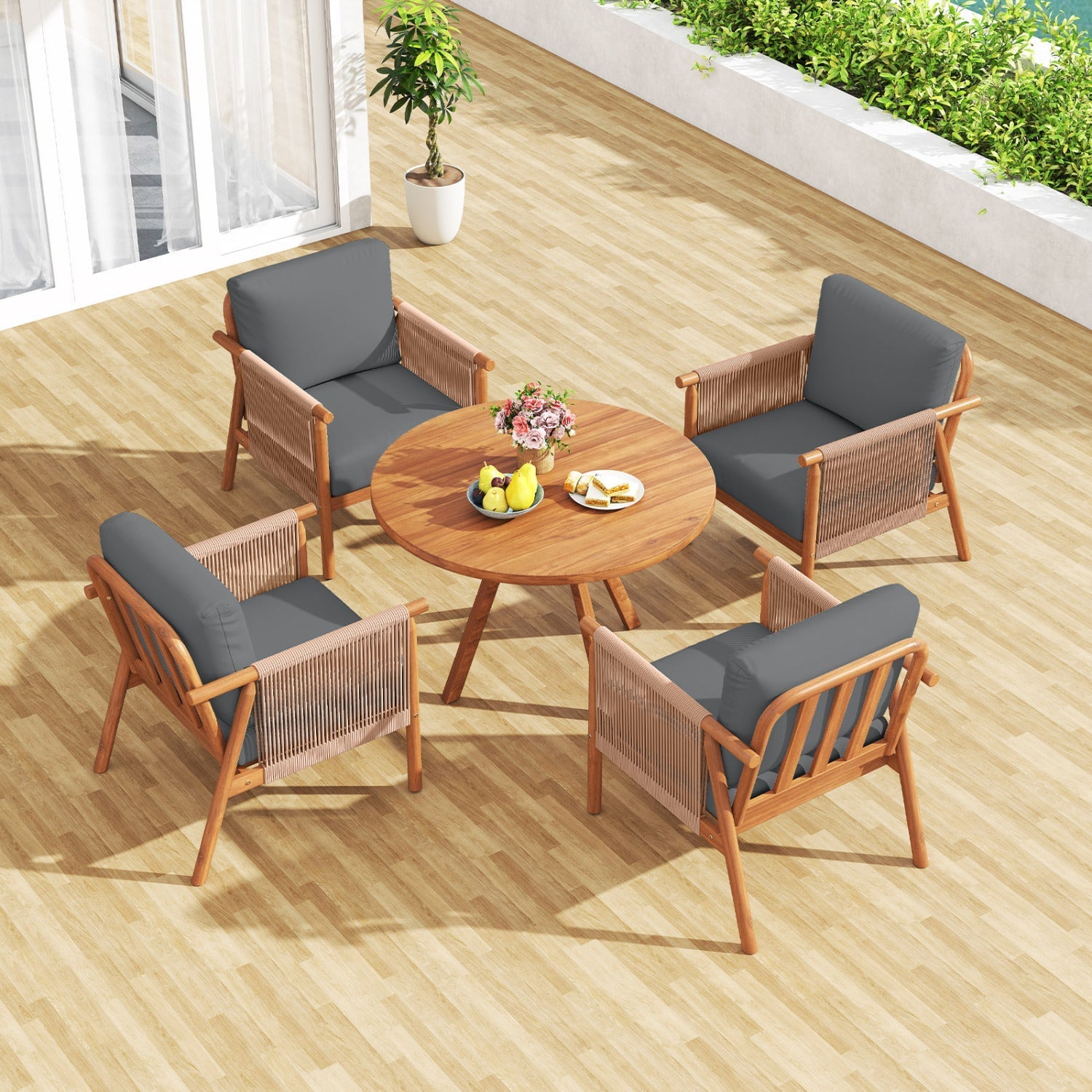Patio Acacia Wood Chair Set of 4 with Woven Rope Armrests and Seat Back Cushions for Backyard