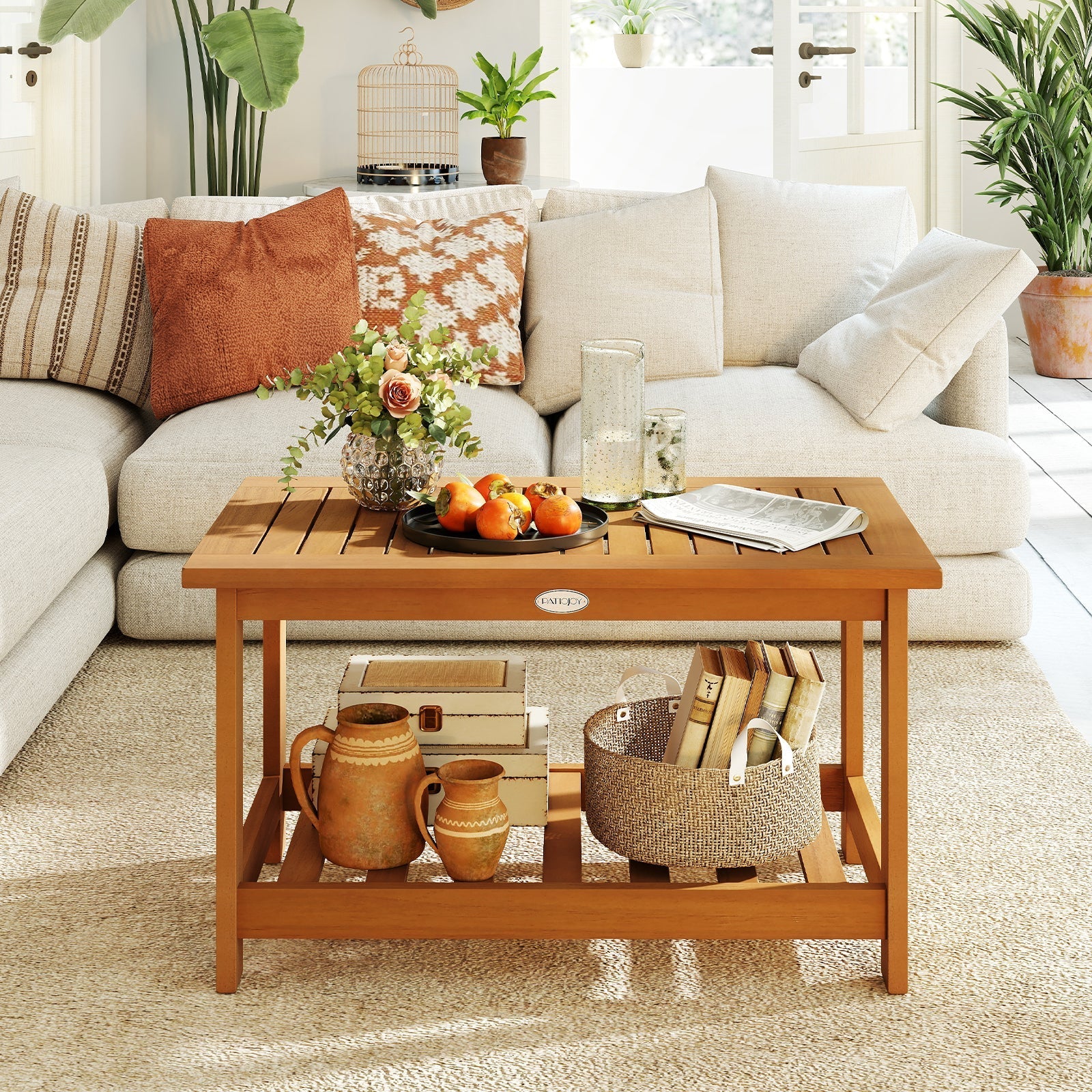Patio Acacia Wood Coffee Table 2-Tier Rectangular Center Table