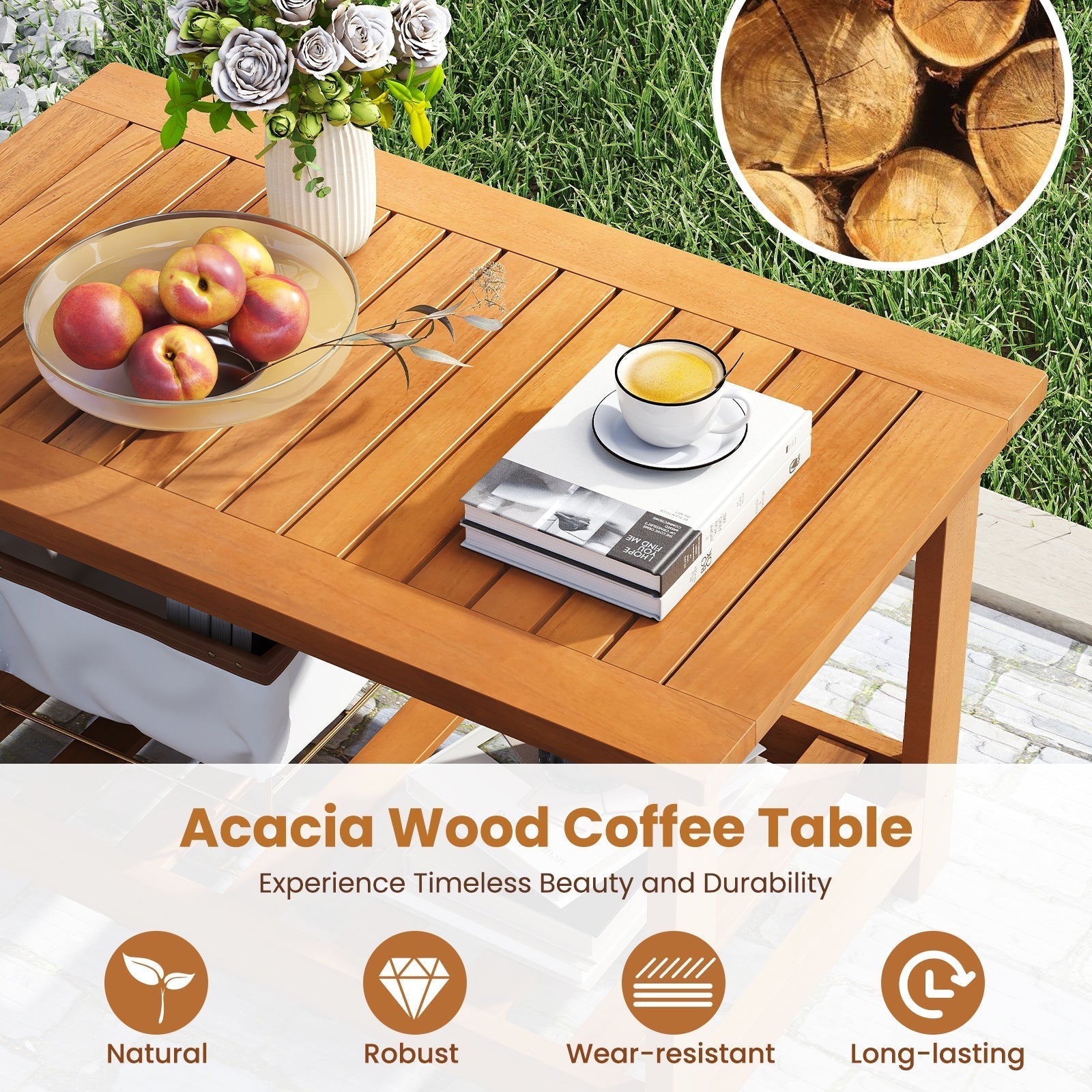 Patio Acacia Wood Coffee Table 2-Tier Rectangular Center Table