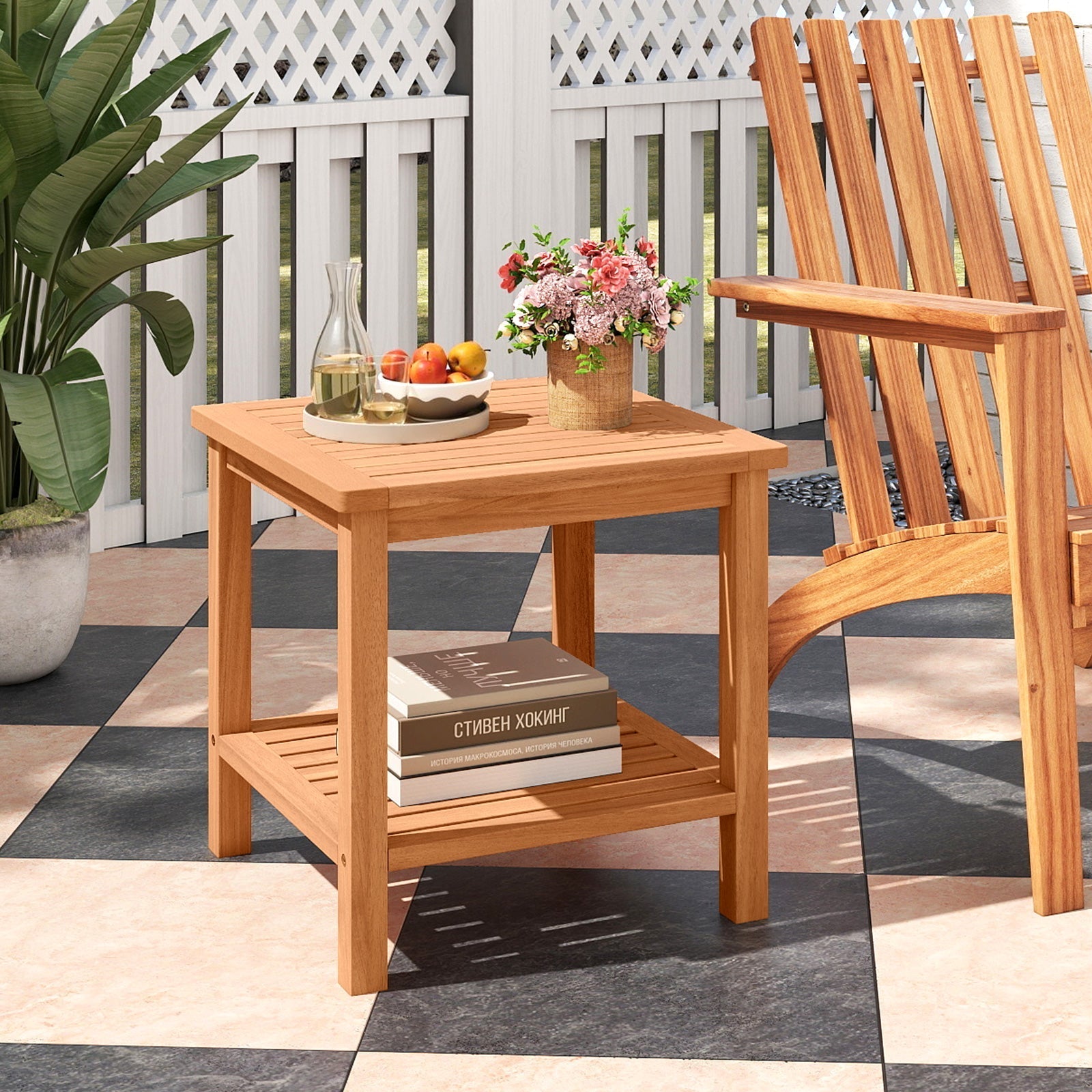 Patio Acacia Wood Side Table with Slatted Tabletop and Storage Shelf