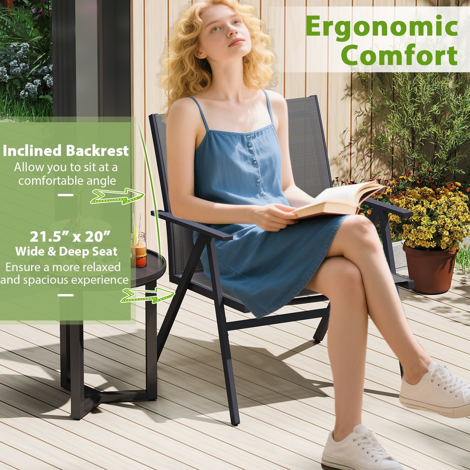 Patio Chairs Set of 2 with Breathable Mesh Fabric and Metal Frame-Gray