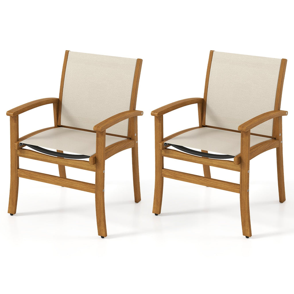 Patio Chairs Set of 2 Acacia Wood Armchairs with Breathable Fabric Back and Seat