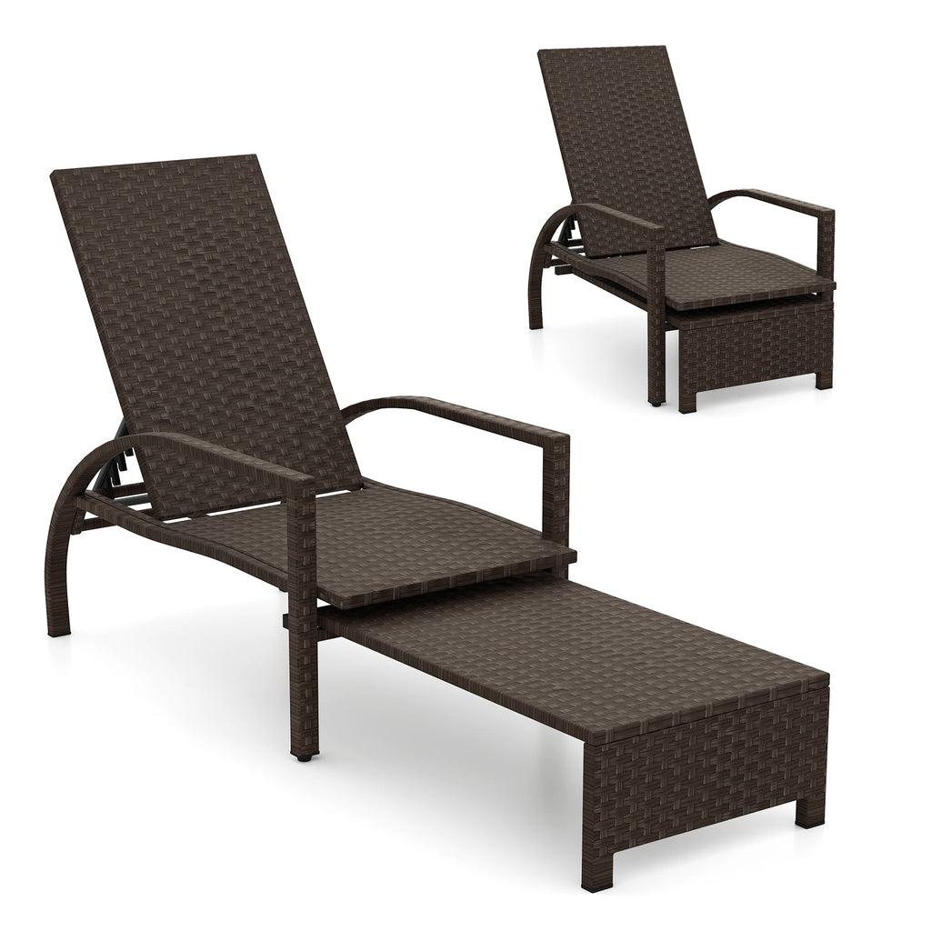 Patio Chaise Lounge Outdoor Rattan Lounge Chair with Retractable Ottoman