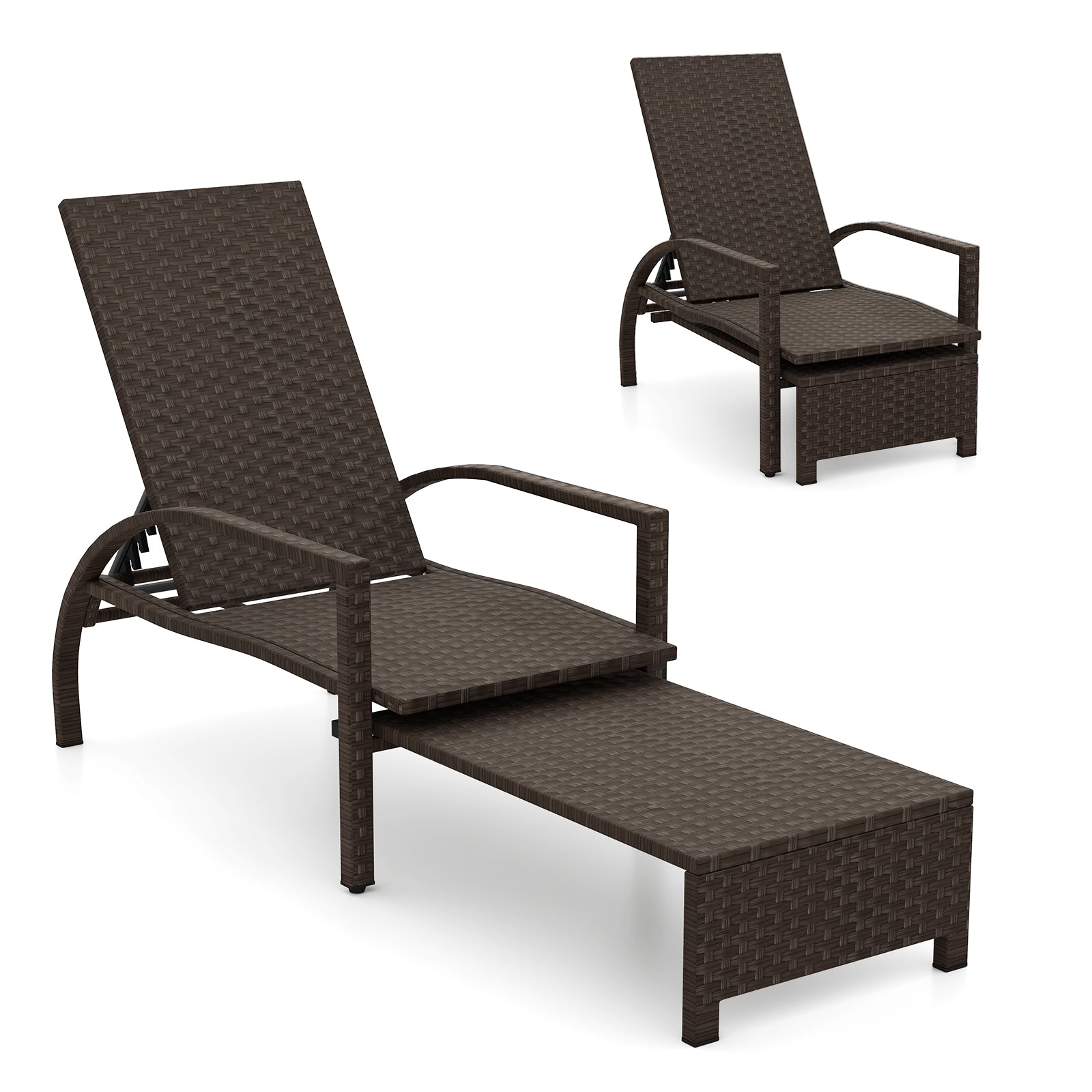 Patio Chaise Lounge Outdoor Rattan Lounge Chair with Retractable Ottoman