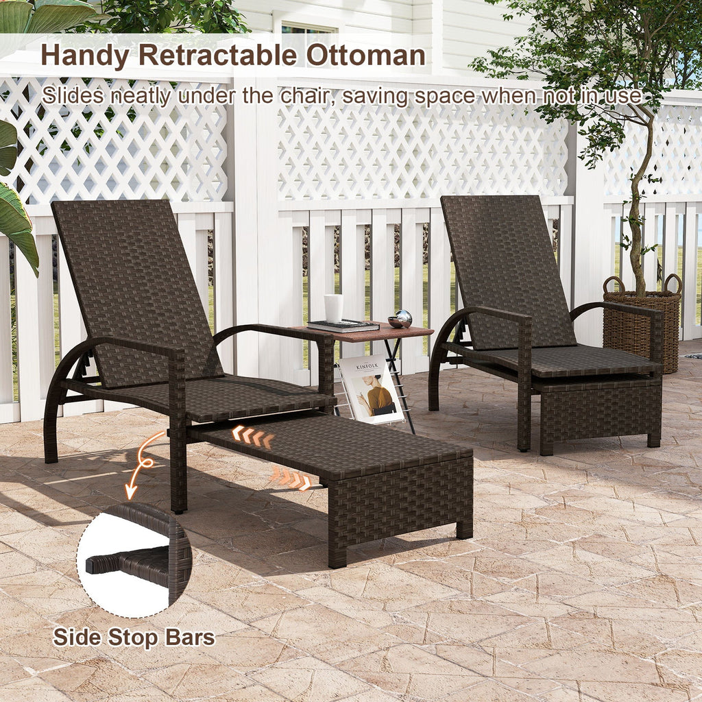 Patio Chaise Lounge Outdoor Rattan Lounge Chair with Retractable Ottoman