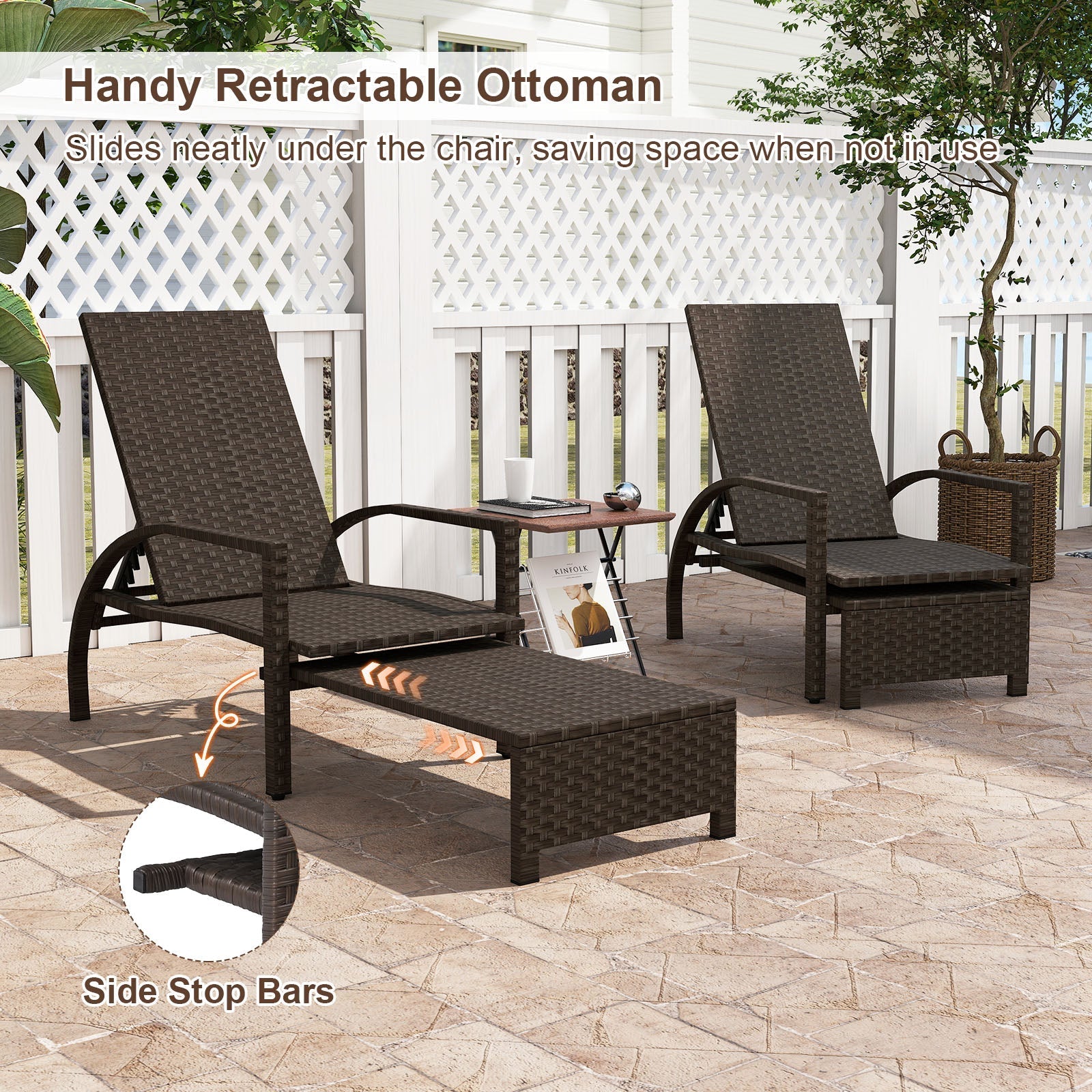 Patio Chaise Lounge Outdoor Rattan Lounge Chair with Retractable Ottoman