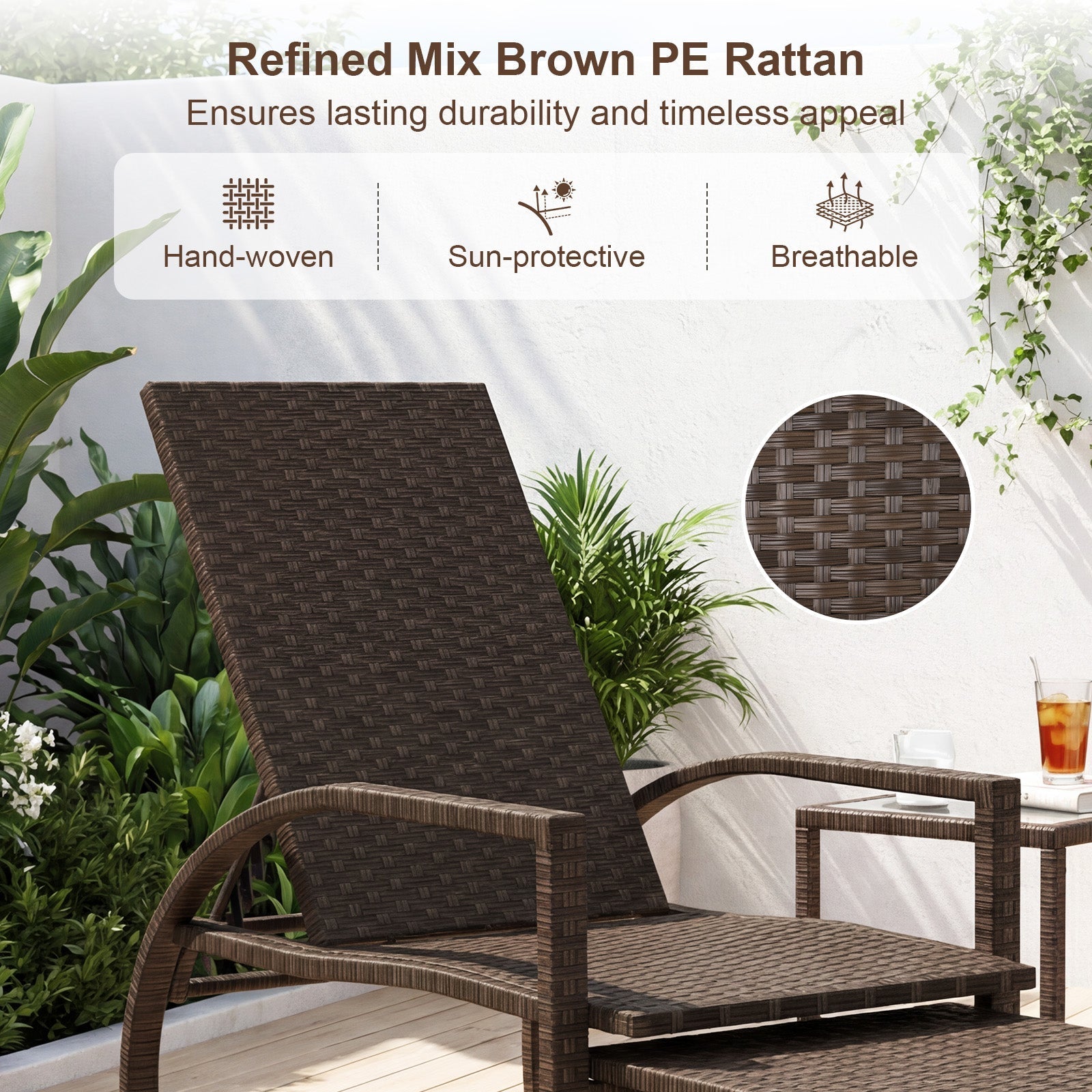 Patio Chaise Lounge Outdoor Rattan Lounge Chair with Retractable Ottoman