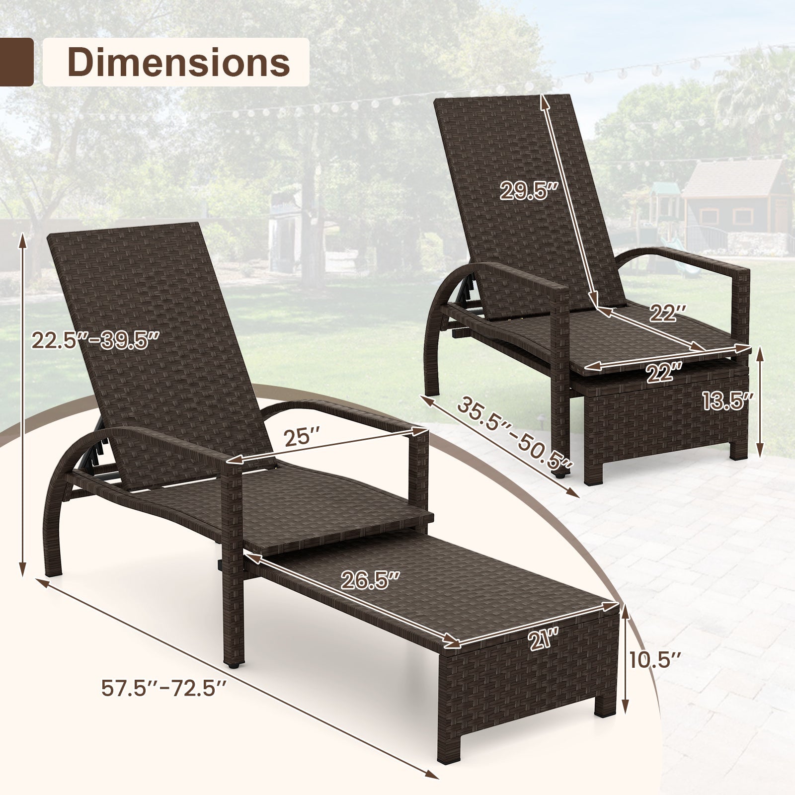 Patio Chaise Lounge Outdoor Rattan Lounge Chair with Retractable Ottoman
