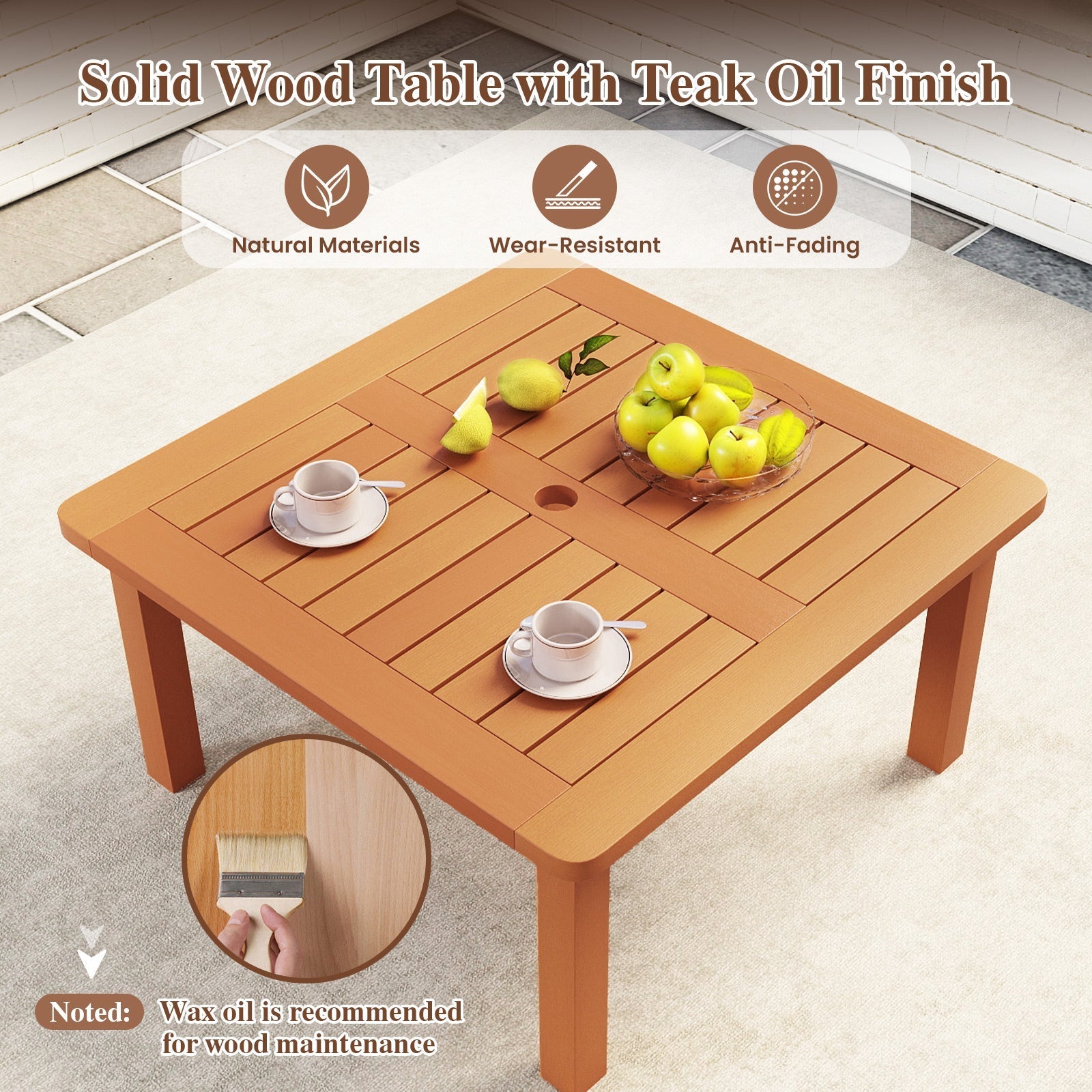 Patio Coffee Table with Umbrella Hole and Teak Oil Finish