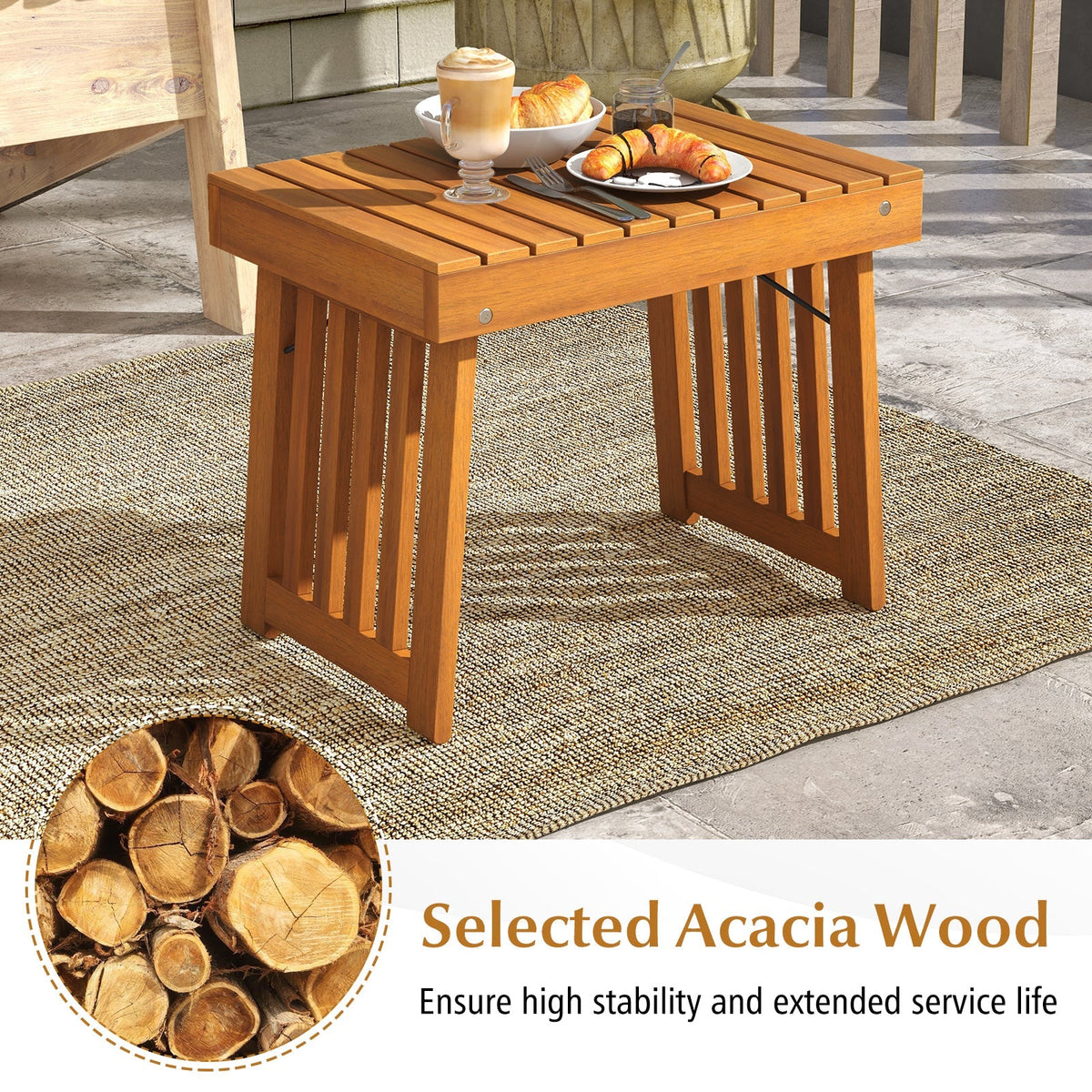 Patio Foldable Side Table with Slatted Tabletop for Backyard