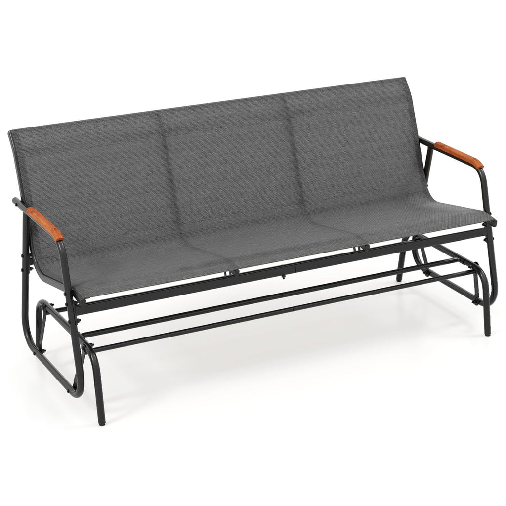 Patio Glider Bench with Curved Teak Armrests and Breathable Fabric Seat for 3 People-Brown