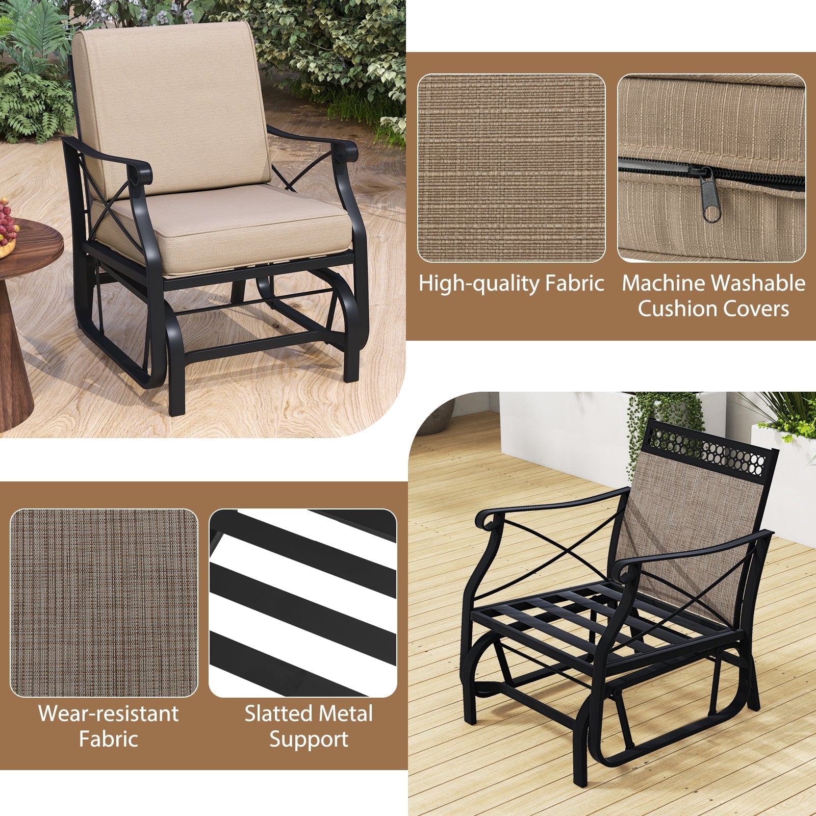 Patio Glider Rocking Chair with Metal Frame and Thick Cushions-Brown