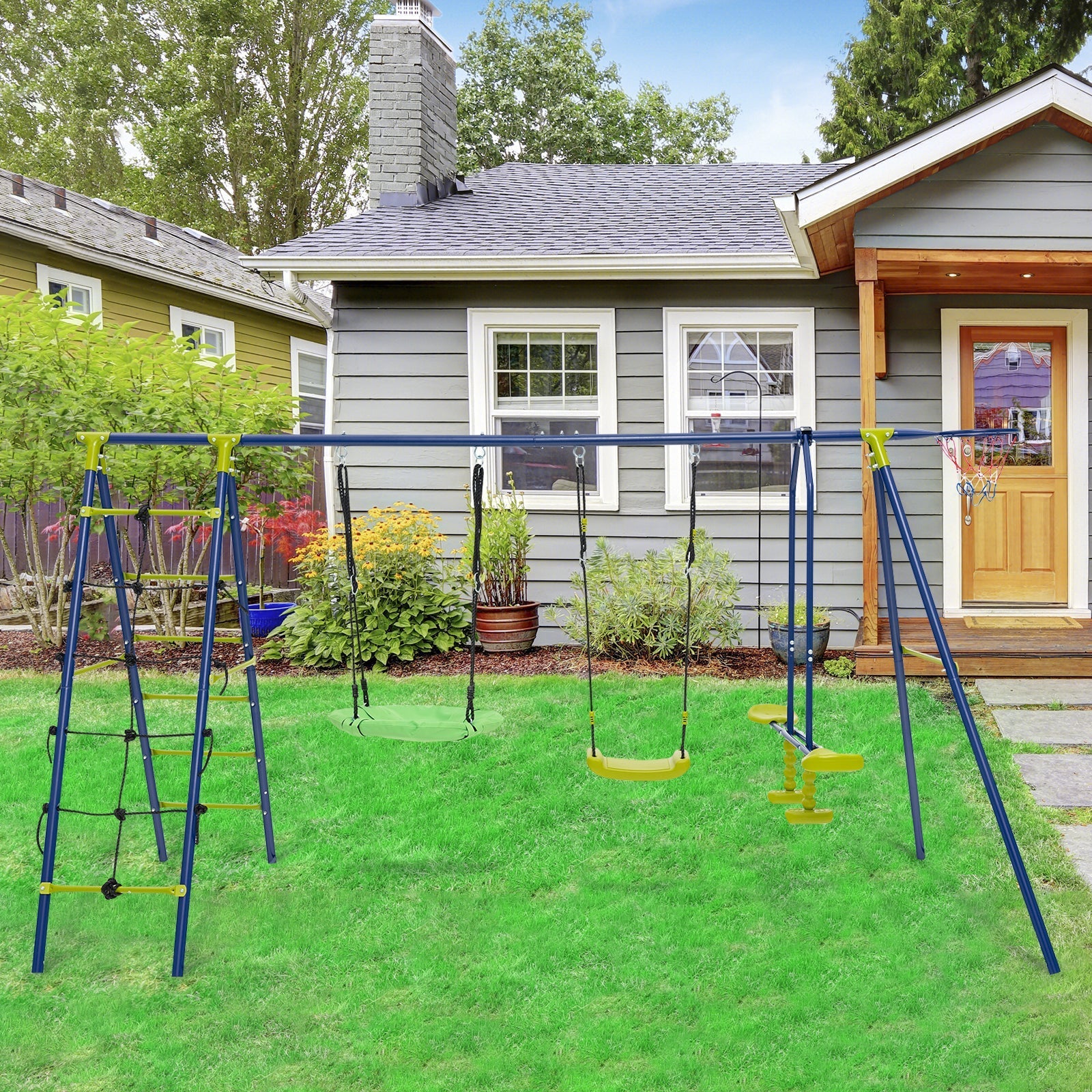 550 LBS 6-in-1 Patio Kids Swing Set with Climbing Net and Ladder