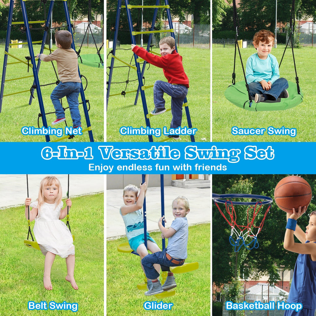 550 LBS 6-in-1 Patio Kids Swing Set with Climbing Net and Ladder