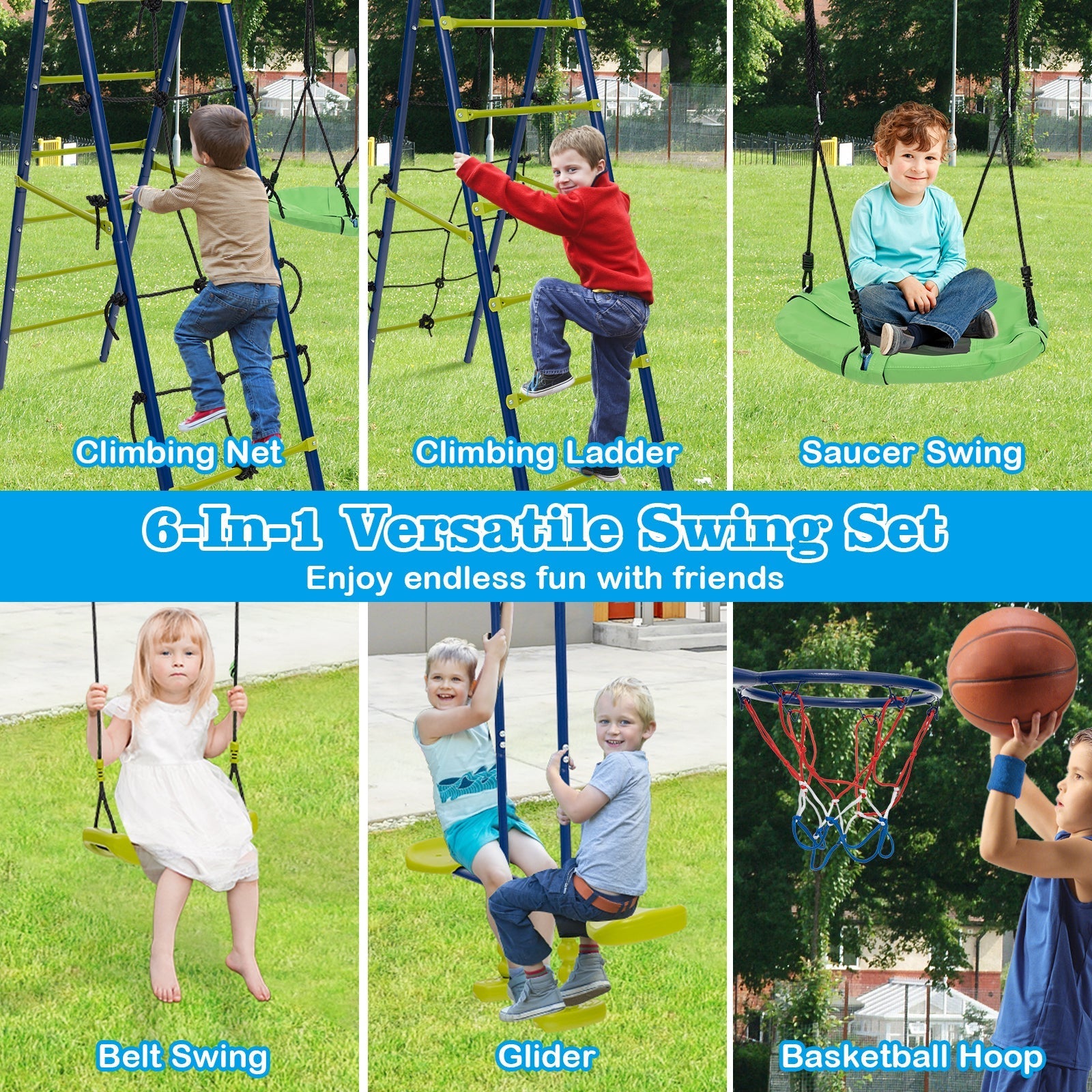 550 LBS 6-in-1 Patio Kids Swing Set with Climbing Net and Ladder