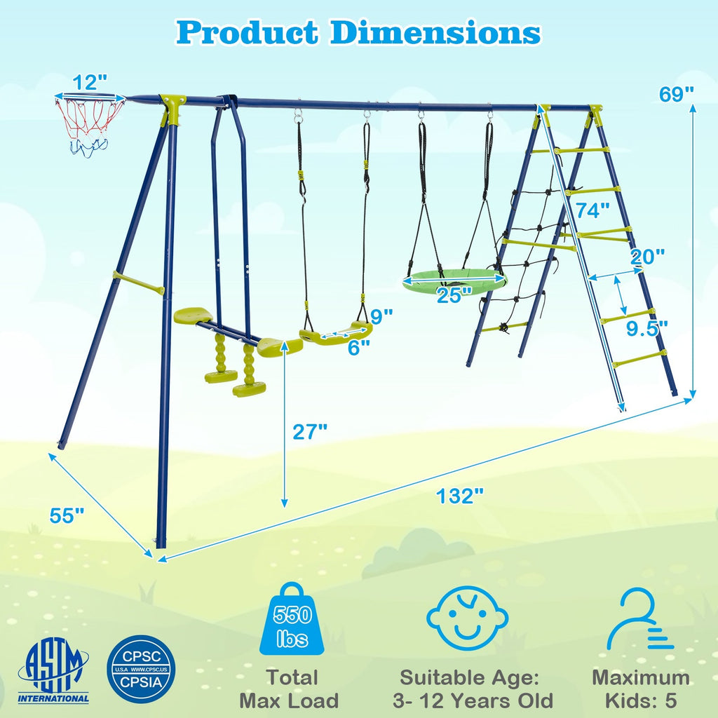 550 LBS 6-in-1 Patio Kids Swing Set with Climbing Net and Ladder