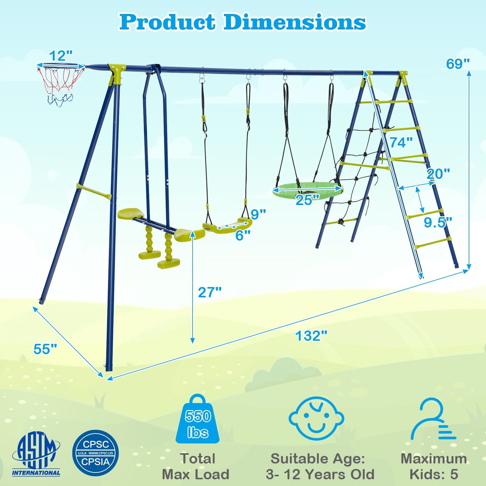 550 LBS 6-in-1 Patio Kids Swing Set with Climbing Net and Ladder
