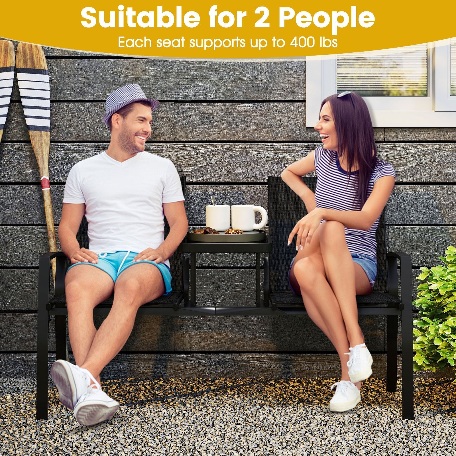 Patio Loveseat with Built-in Table with Breathable Fabric Back-Black