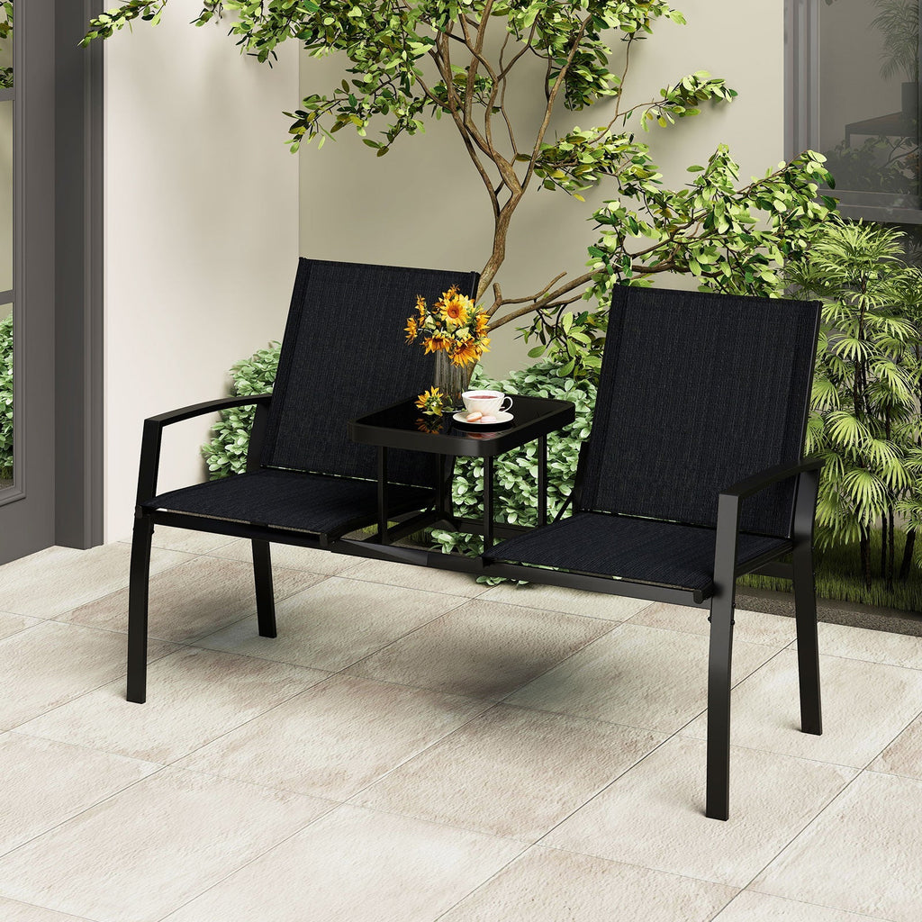 Patio Loveseat with Built-in Table with Breathable Fabric Back-Black