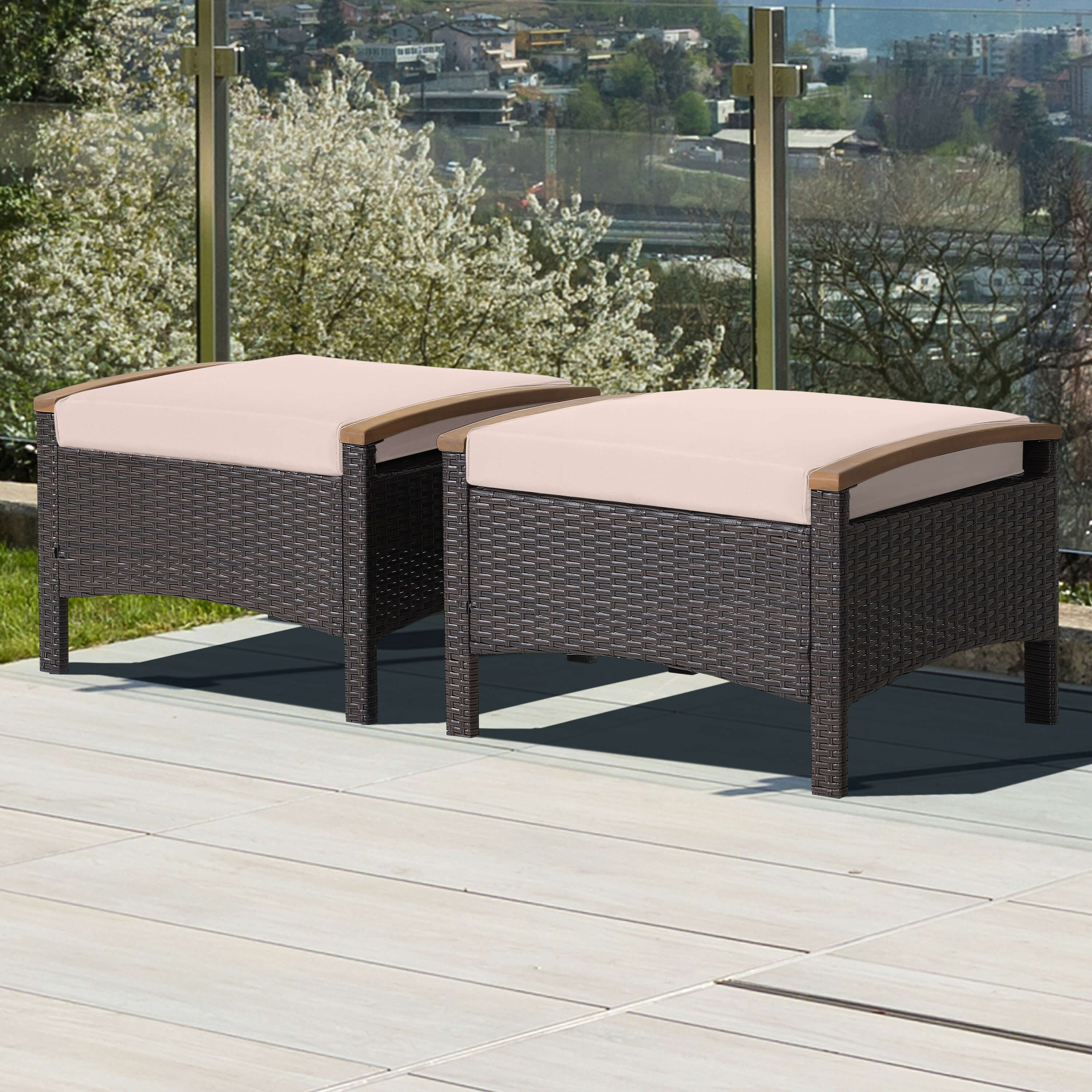 Set of 2 Fade-Resistant Wicker Patio Ottoman