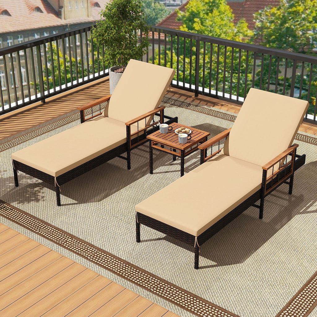 Patio Rattan Chaise Lounge with 4-Level Adjustable Backrest-Beige