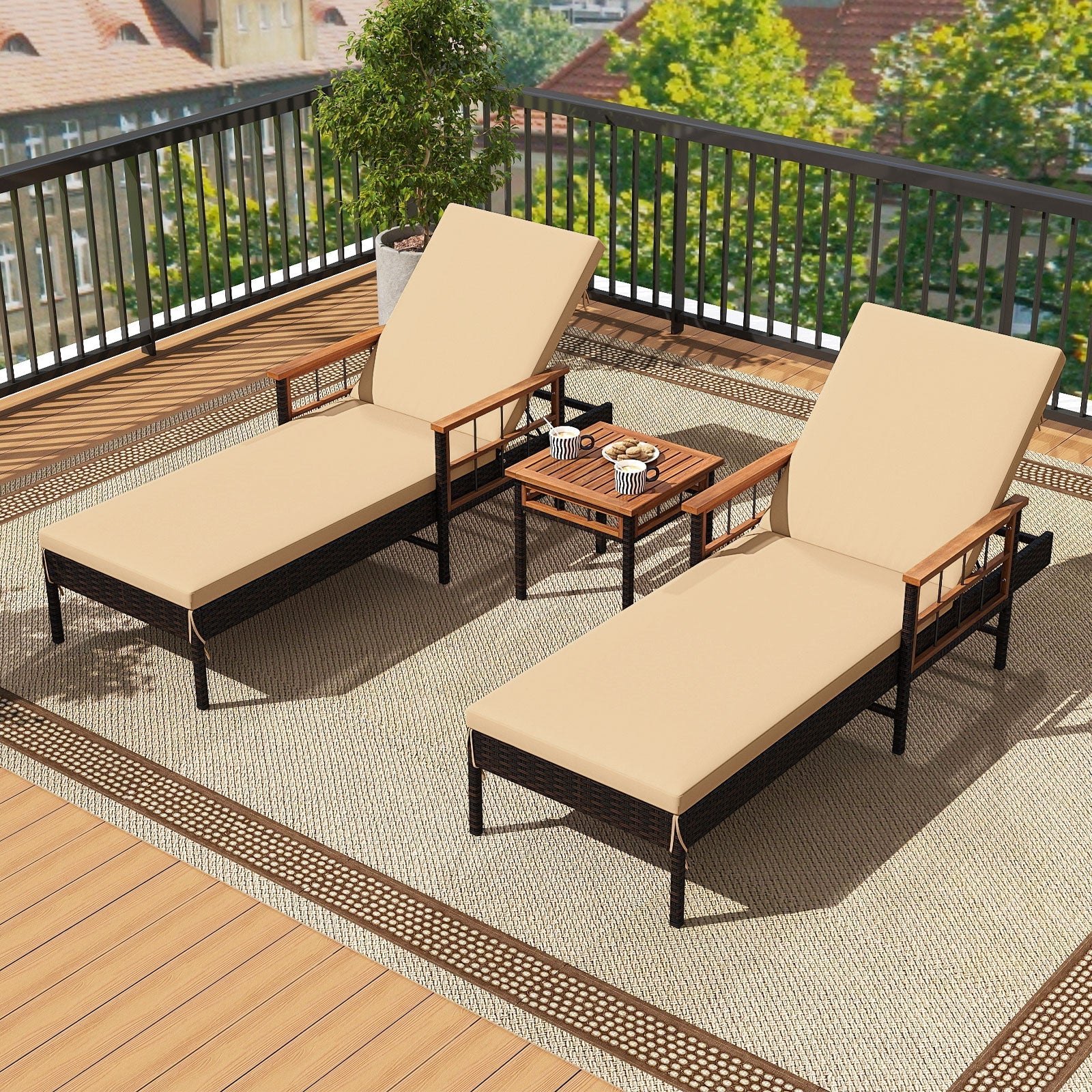 Patio Rattan Chaise Lounge with 4-Level Adjustable Backrest-Beige