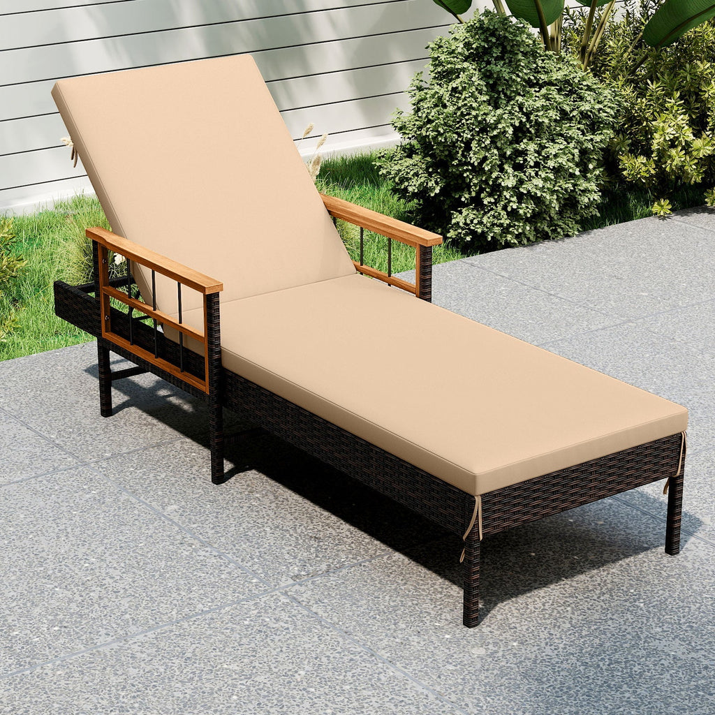Patio Rattan Chaise Lounge with 4-Level Adjustable Backrest-Beige