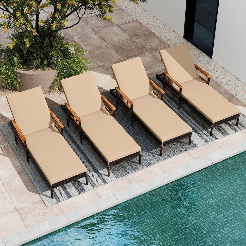 Patio Rattan Chaise Lounge with 4-Level Adjustable Backrest-Beige