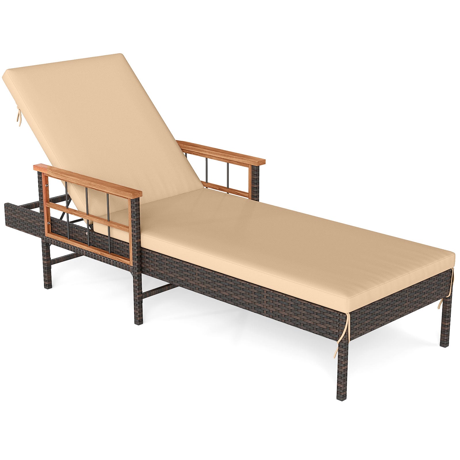 Patio Rattan Chaise Lounge with 4-Level Adjustable Backrest-Beige