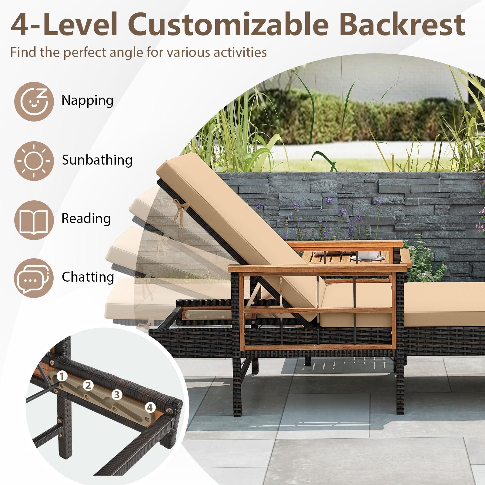 Patio Rattan Chaise Lounge with 4-Level Adjustable Backrest-Beige