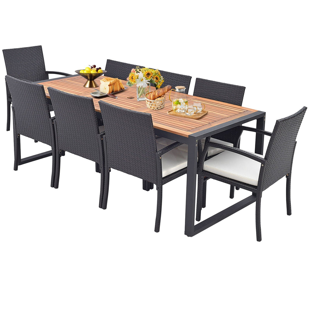 9 Pieces Patio Rattan Dining Set with Acacia Wood Table for Backyard Garden