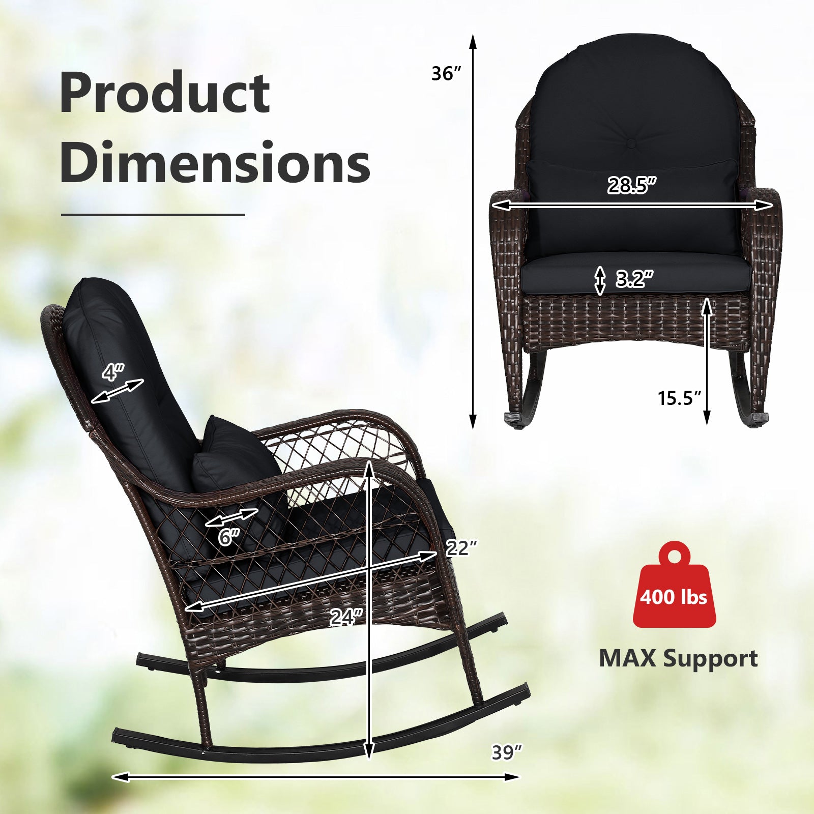 Patio Rattan Rocking Chair with Seat Back Cushions and Waist Pillow