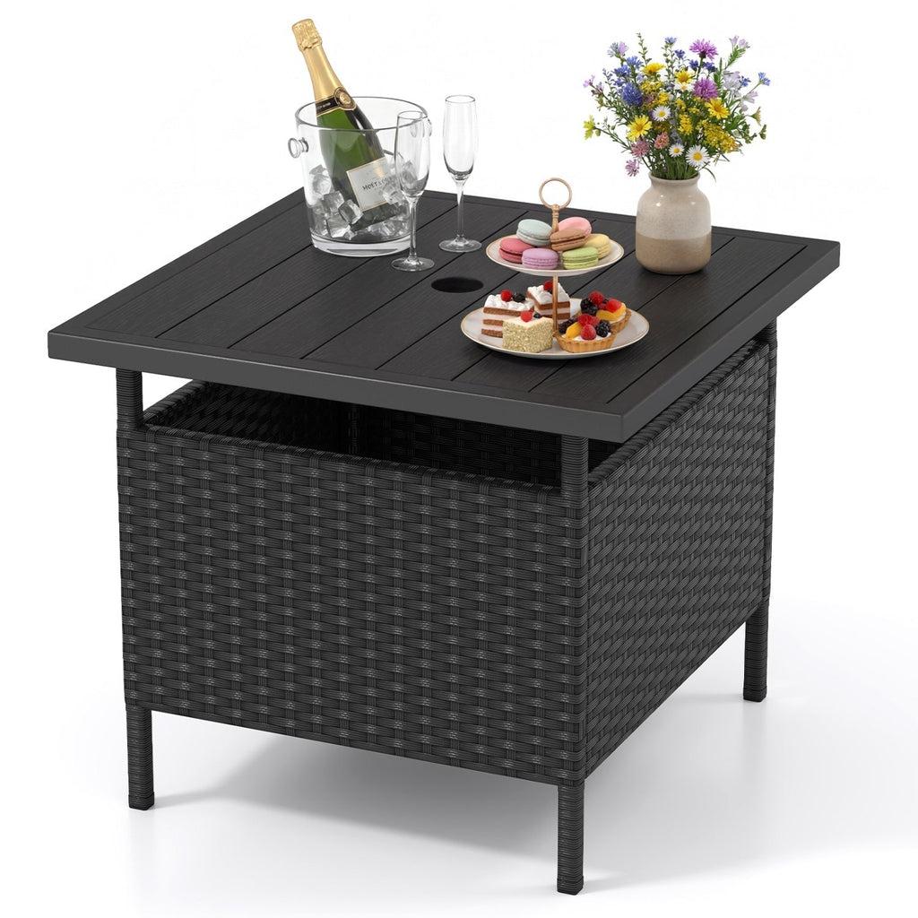 Patio Square Wicker Side Table with Umbrella Hole for Yard Garden Poolside