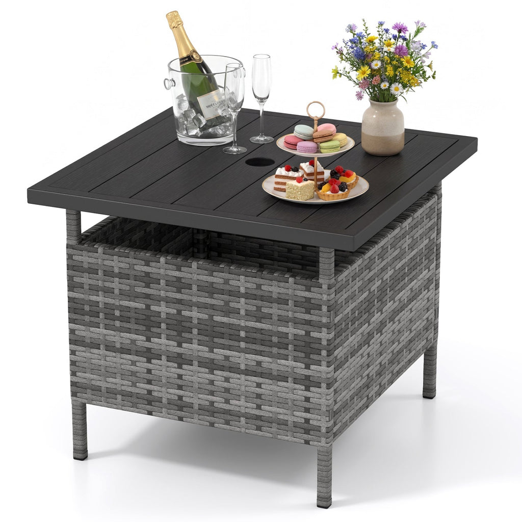 Patio Square Wicker Side Table with Umbrella Hole for Yard Garden Poolside