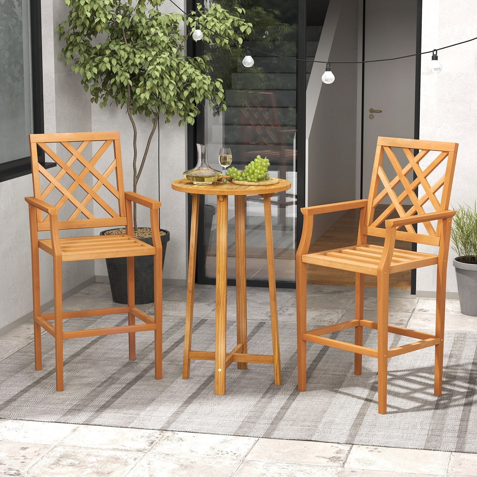 Patio Teak Wood Bar Stool Outdoor Counter Height Chair with Ergonomic Backrest