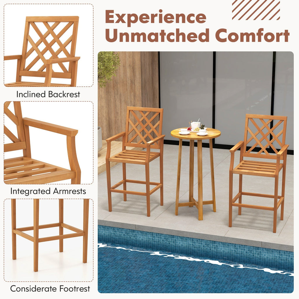 Patio Teak Wood Bar Stool Outdoor Counter Height Chair with Ergonomic Backrest