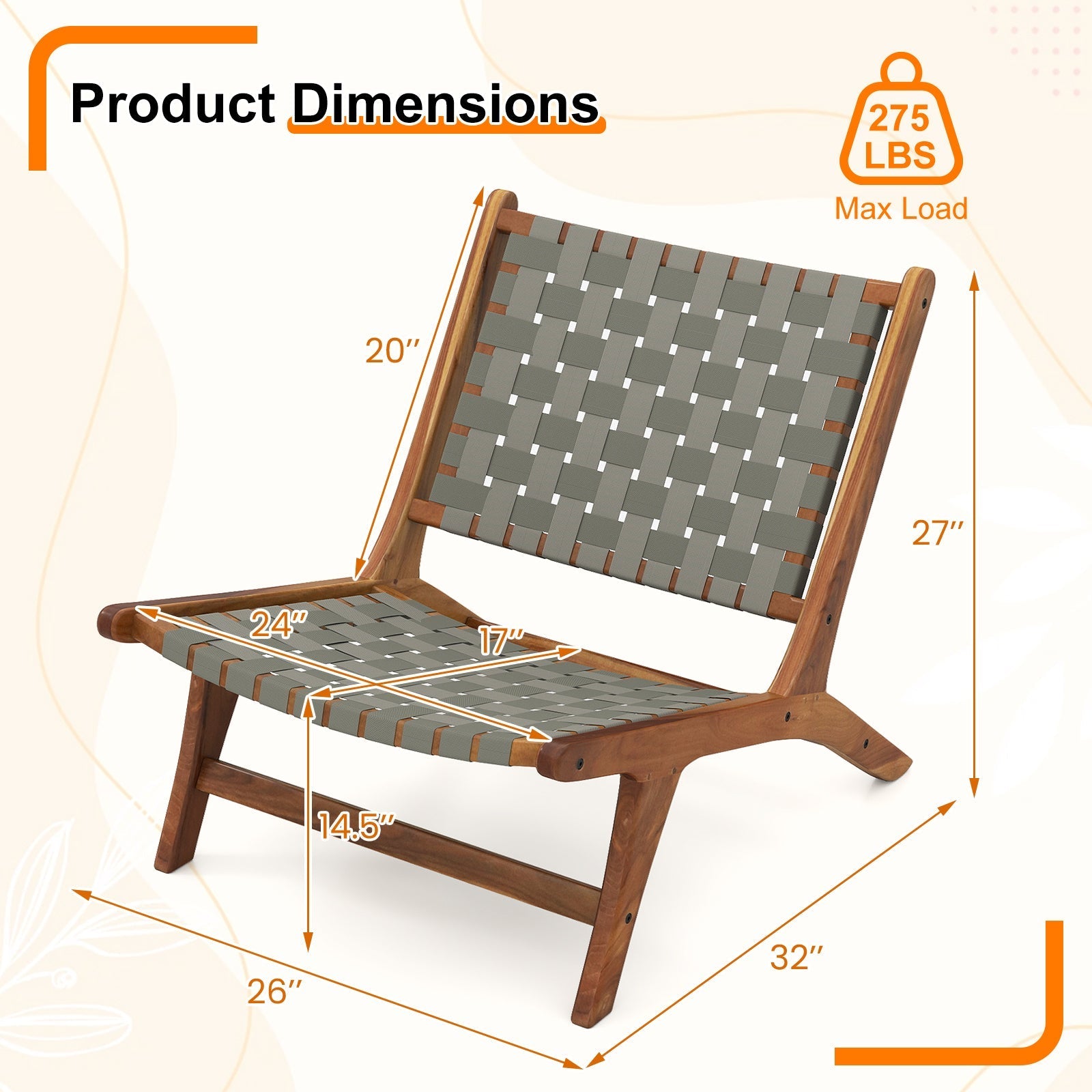 Patio Teak Wood Chair Outdoor Mid-Century Accent Chair with Nylon Webbing Seat