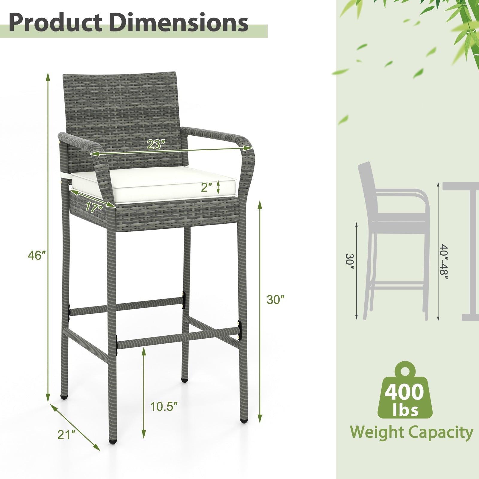 Patio Wicker Barstools with Armrests and Soft Cushions for Porch Backyard Set of 2